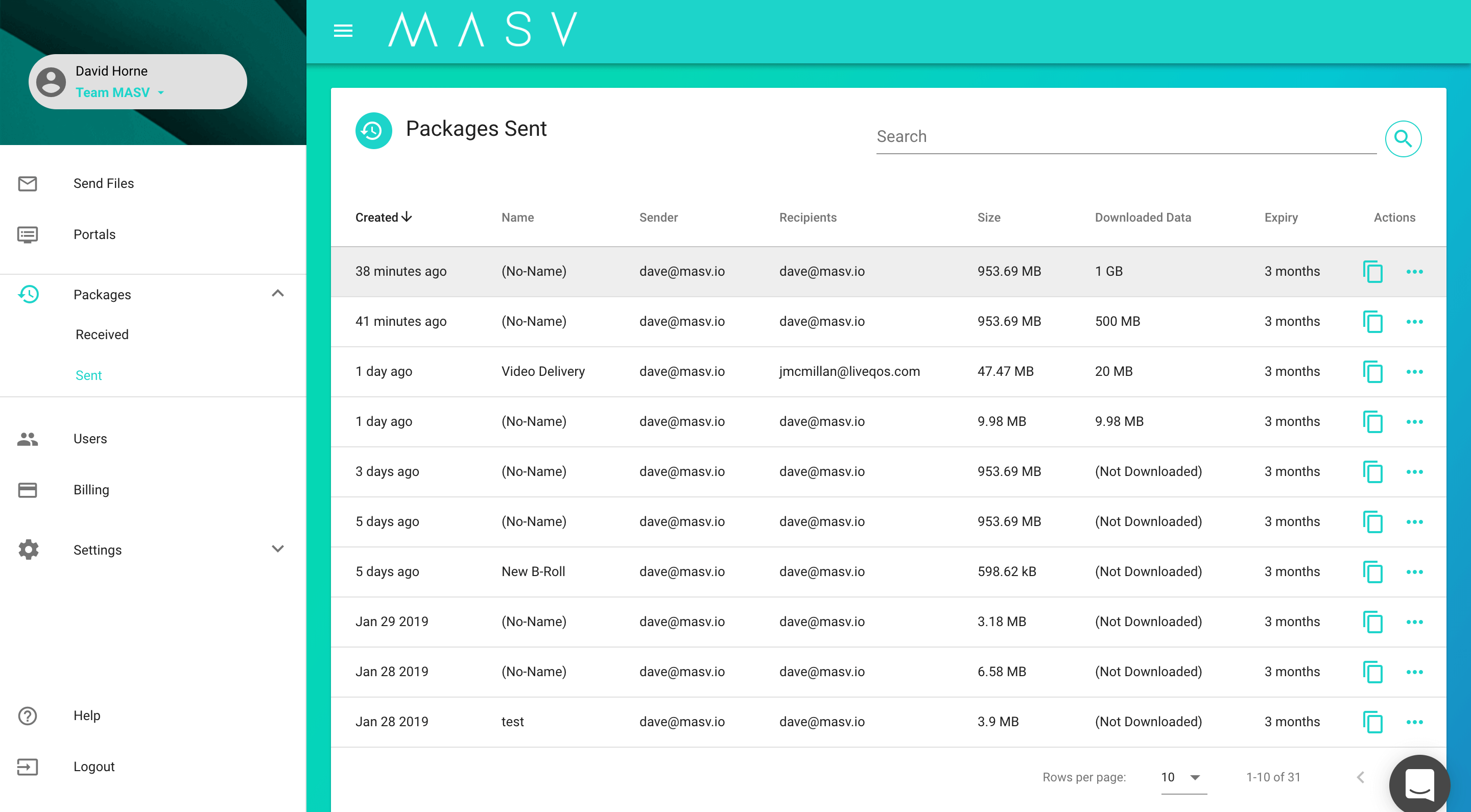 MASV file transfer dashboard