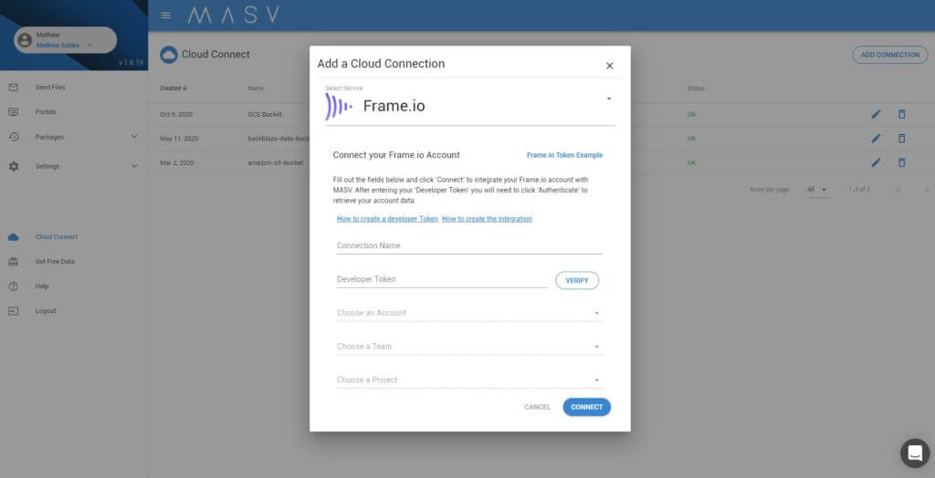 Frame.io MASV Cloud Connect Einstellungen