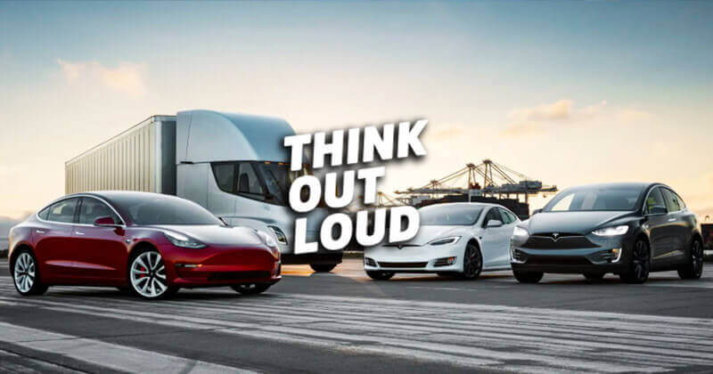 Think Out Loud Logo. Achtergrond met Tesla auto's