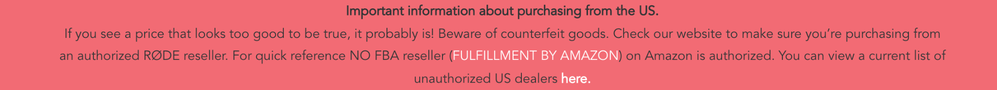 a warning disclaimer from Rode about counterfeit sellers