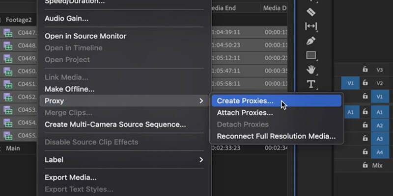 컴퓨터 마우스가 Adobe Premiere Pro의 프록시 만들기 옵션 위로 이동합니다.