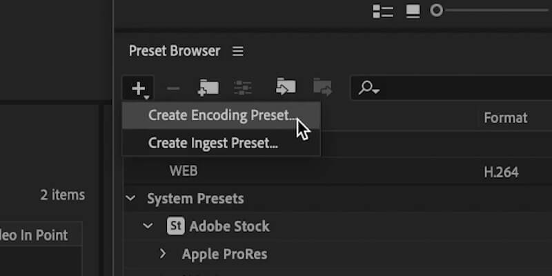 un ratón pasando por encima de la opción de preajuste de codificación en Adobe Media Encoder