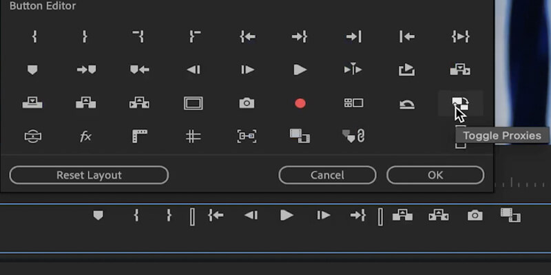 Adobe Premiere Pro의 비디오 프록시 토글 버튼 위로 컴퓨터 마우스 오버