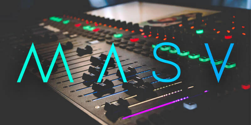 El logotipo de MASV con la tabla de audio como fondo