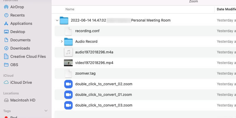 Fichiers MP4 M4A et .zoom à l'intérieur d'un dossier d'enregistrement Zoom