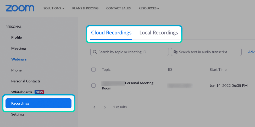 Emplacement de l'enregistrement de la réunion dans l'application Web de Zoom