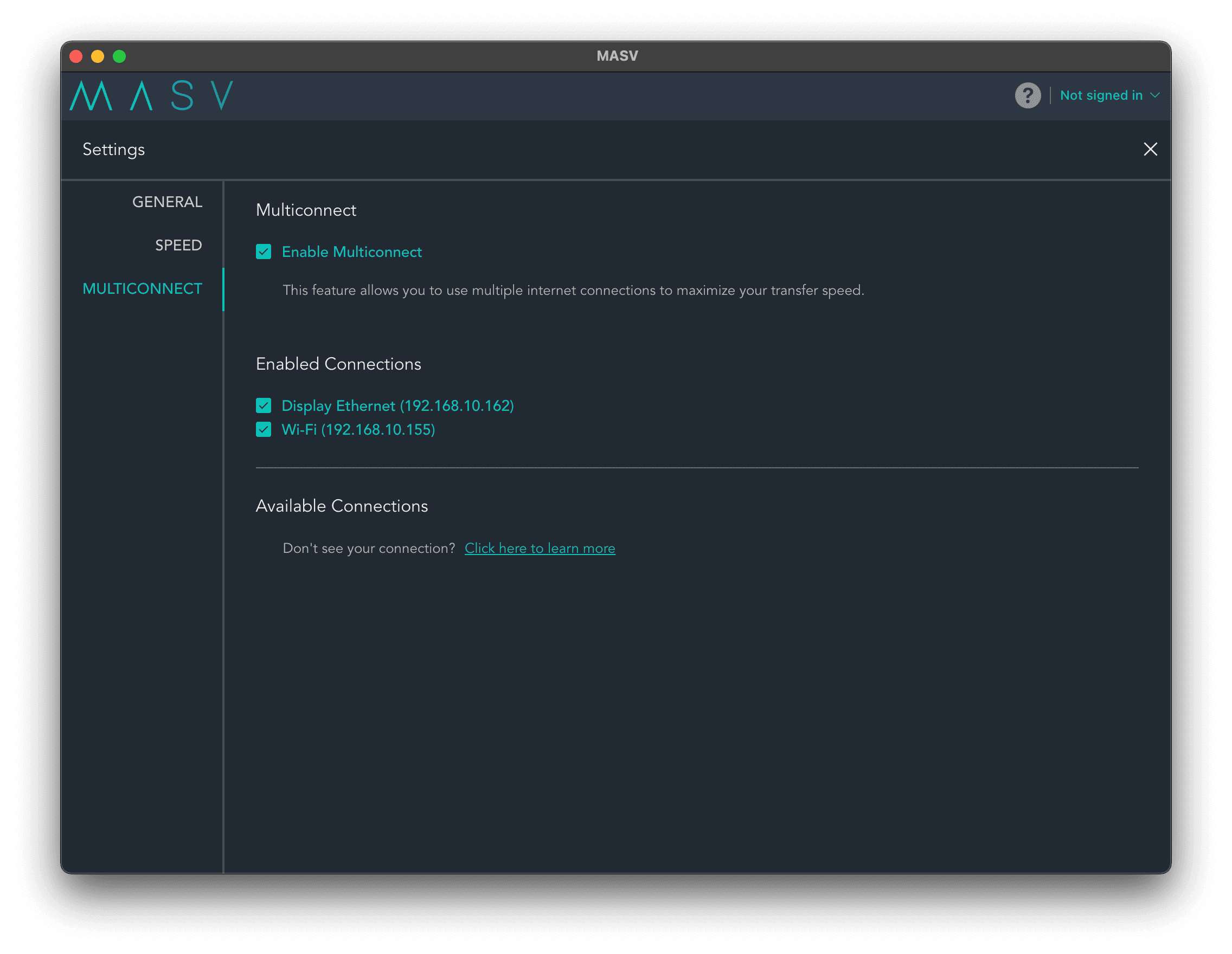  MASV Multiconnect available connections