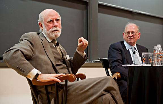 Photo of Vincent Cerf and Robert Kahn speaking at Princeton University
