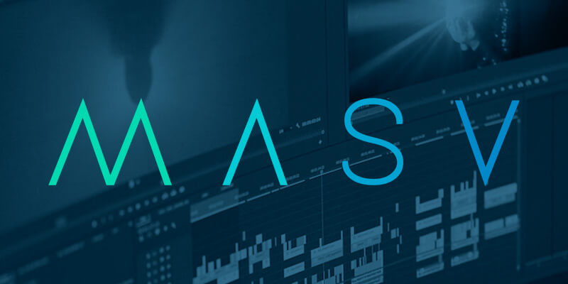 Logotipo de MASV con fondo de software de edición de vídeo