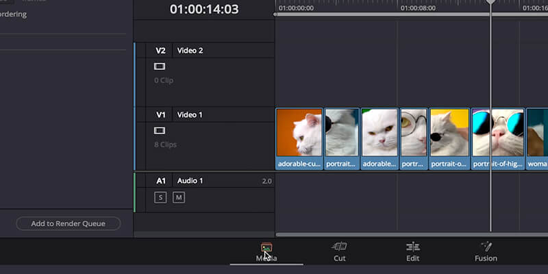 Mouse hovering over Media tab in DaVinci Resolve project timeline