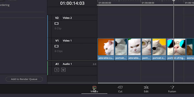 Muis zweeft over Media tab in DaVinci Resolve project tijdlijn