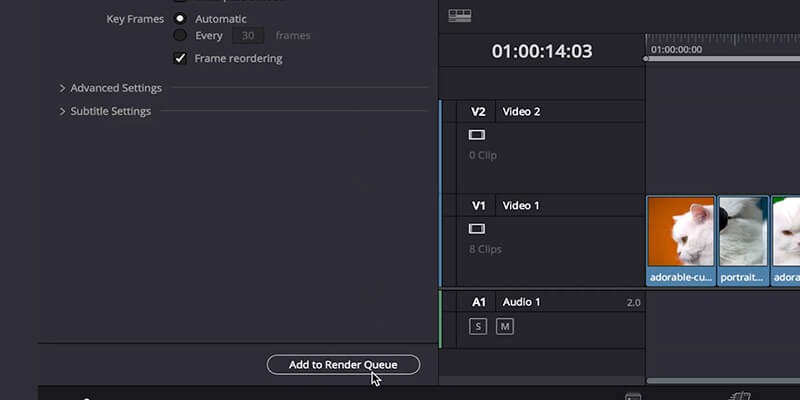 Mouse hovering over Add to Render Queue button in DaVinci Resolve
