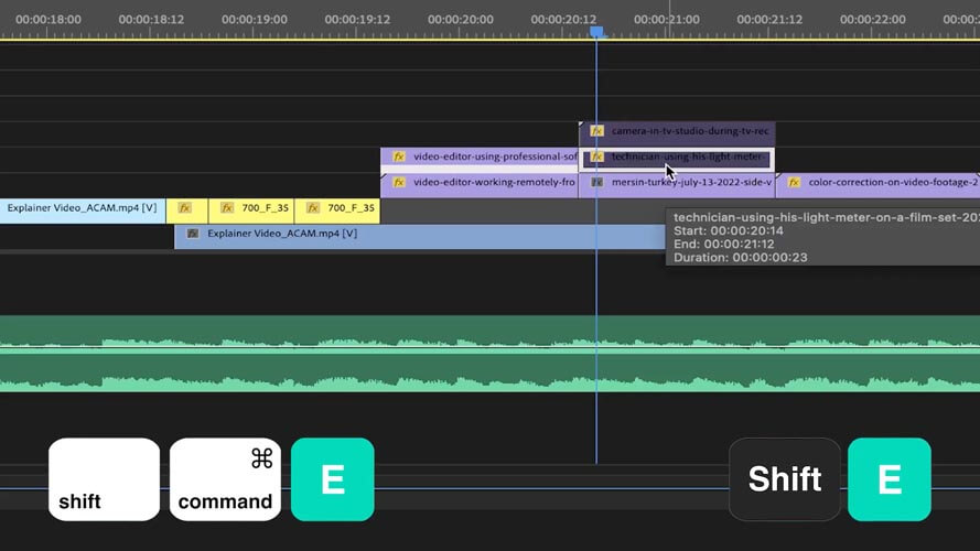 Bewegen der Maus über einen Audioclip im Schnittfenster von Adobe Premiere Pro mit aktivierten und deaktivierten Tastaturkürzeln