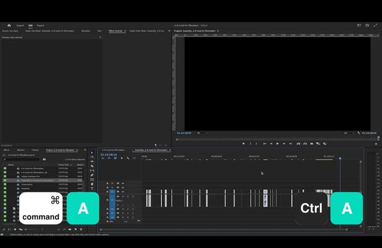 Adobe Premiere Pro에서 타임라인의 모든 클립을 선택합니다.