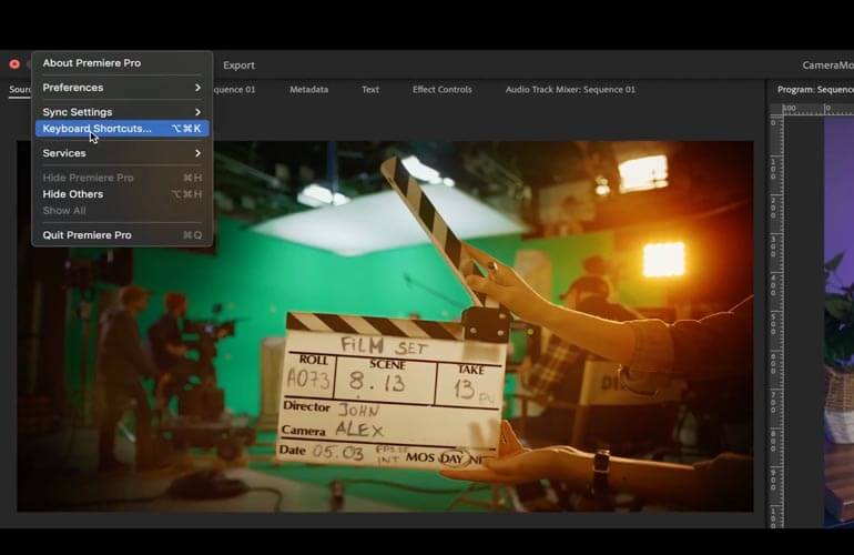 Keyboard shortcuts option in Adobe Premiere Pro