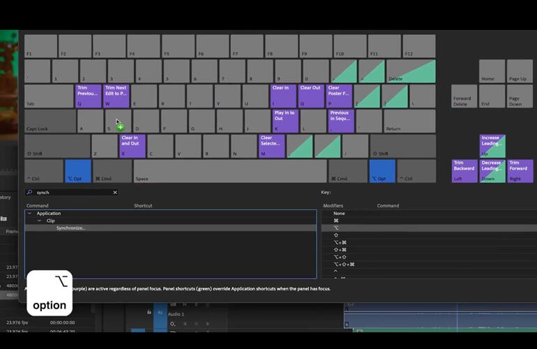 Fenêtre des raccourcis clavier de Premiere Pro 2