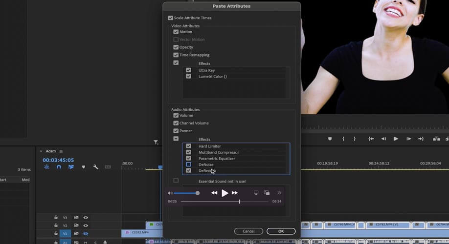 Atajo para pegar atributos 3 en Premiere Pro