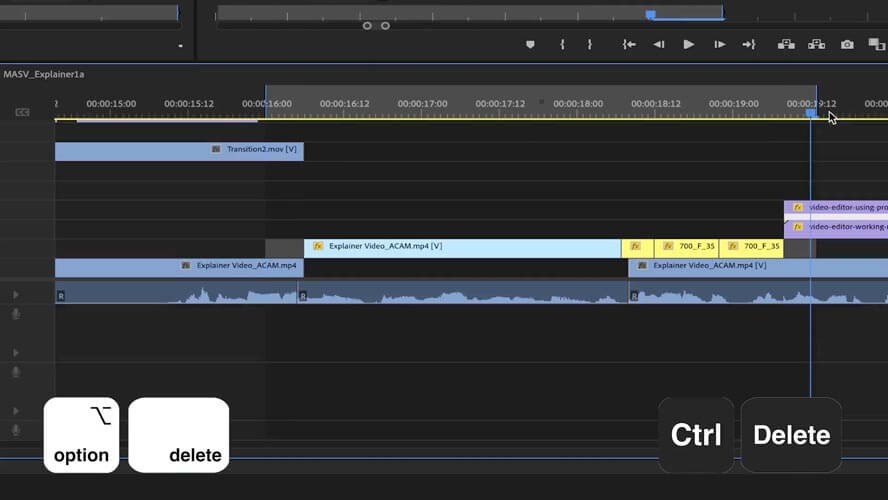 Línea de tiempo en Adobe Premiere Pro con atajos de teclado