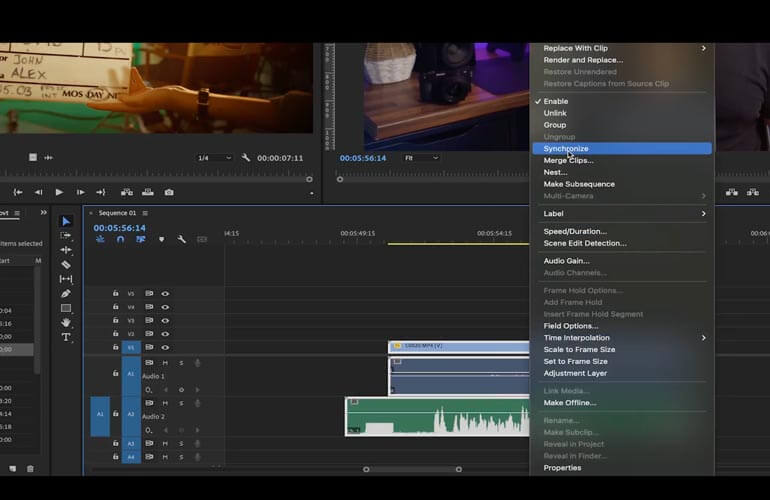 Passage de la souris sur Synchroniser dans le menu après avoir sélectionné et cliqué avec le bouton droit de la souris sur plusieurs clips audio dans Premiere Pro