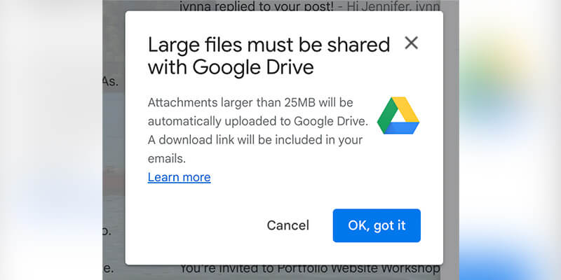 Popup-Fenster in Google Mail mit dem Hinweis, dass große Dateien mit Google Drive freigegeben werden müssen