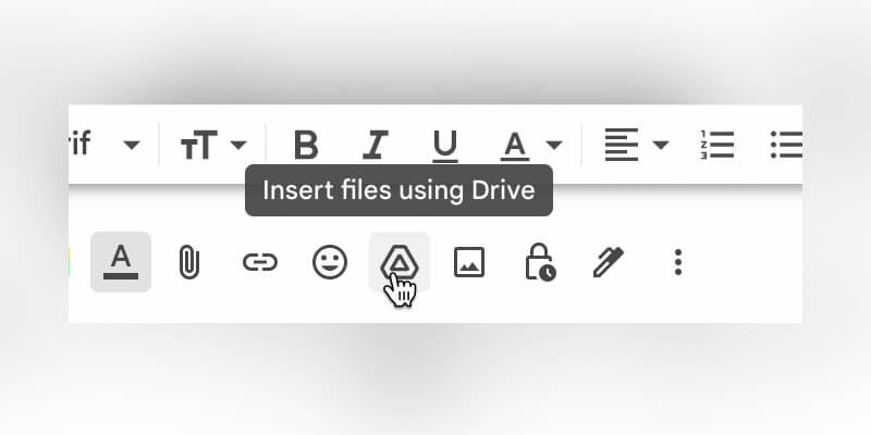 Al pasar el ratón por encima de la inserción de archivos con el botón de Google Drive