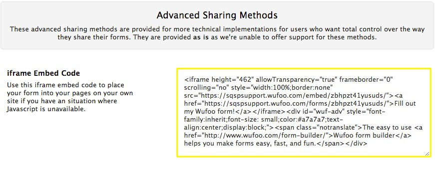 Copier le code d'intégration de l'iframe dans les méthodes de partage avancées