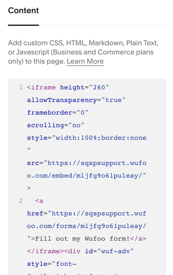 Adding a Wufoo code to a Squarespace website