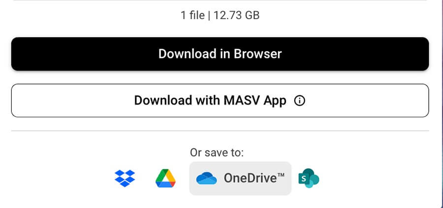 a mouse hovers over a save to OneDrive button in MASV