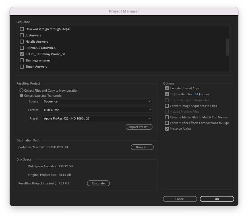 Konsolidierung und Transkodierung in Adobe Premiere Pro