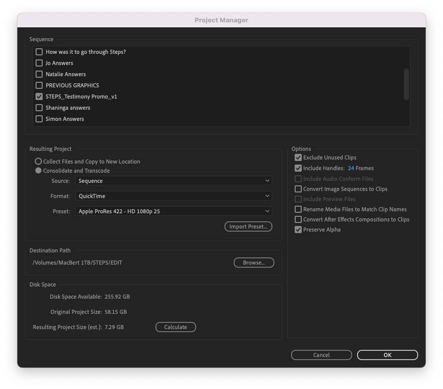 consolidate and transcode in Adobe Premiere Pro