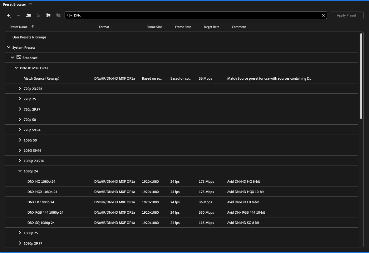 Encoder DNxHR-Voreinstellungen