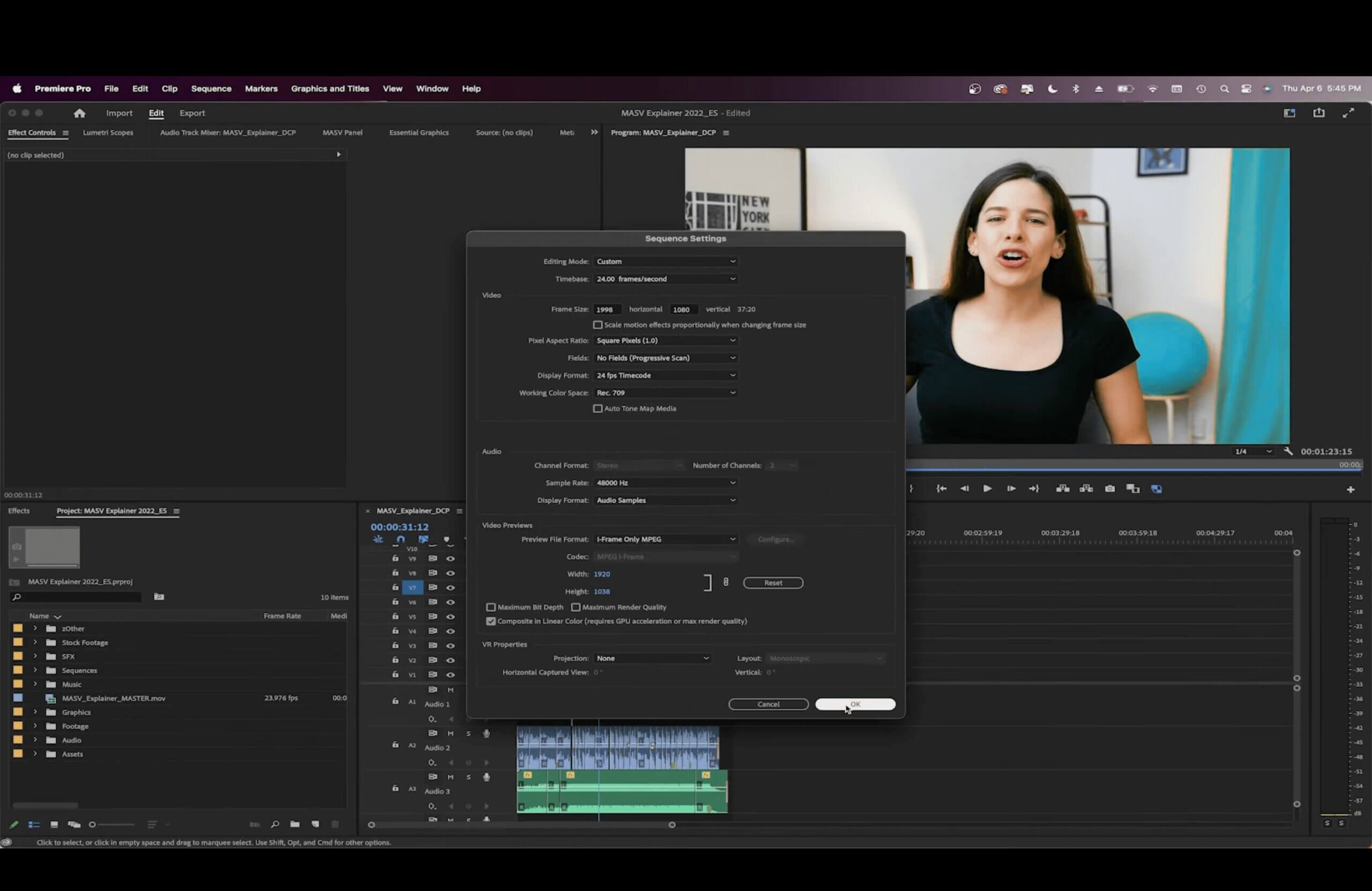 Premiere Pro sequence settings for a DCP