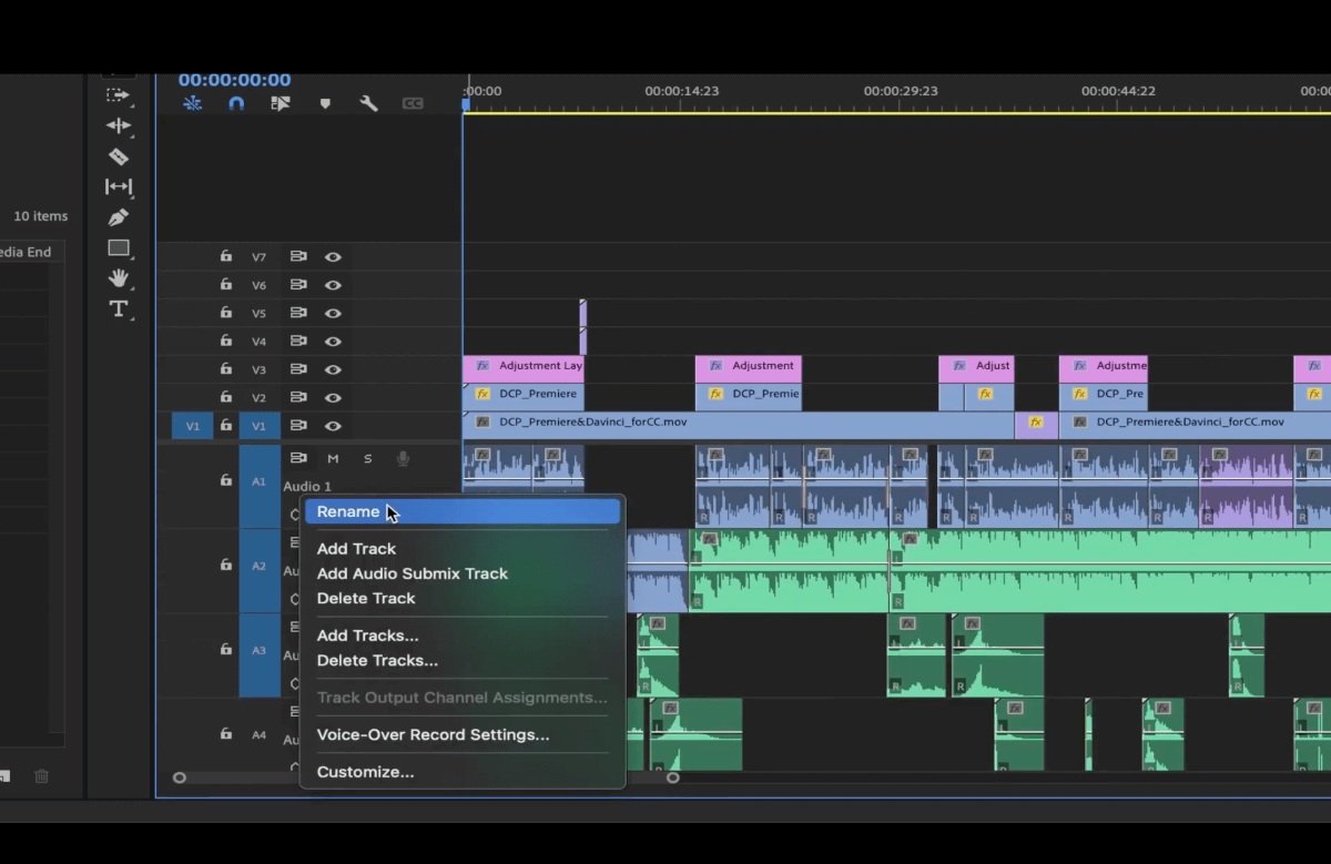 premiere pro rename audio track