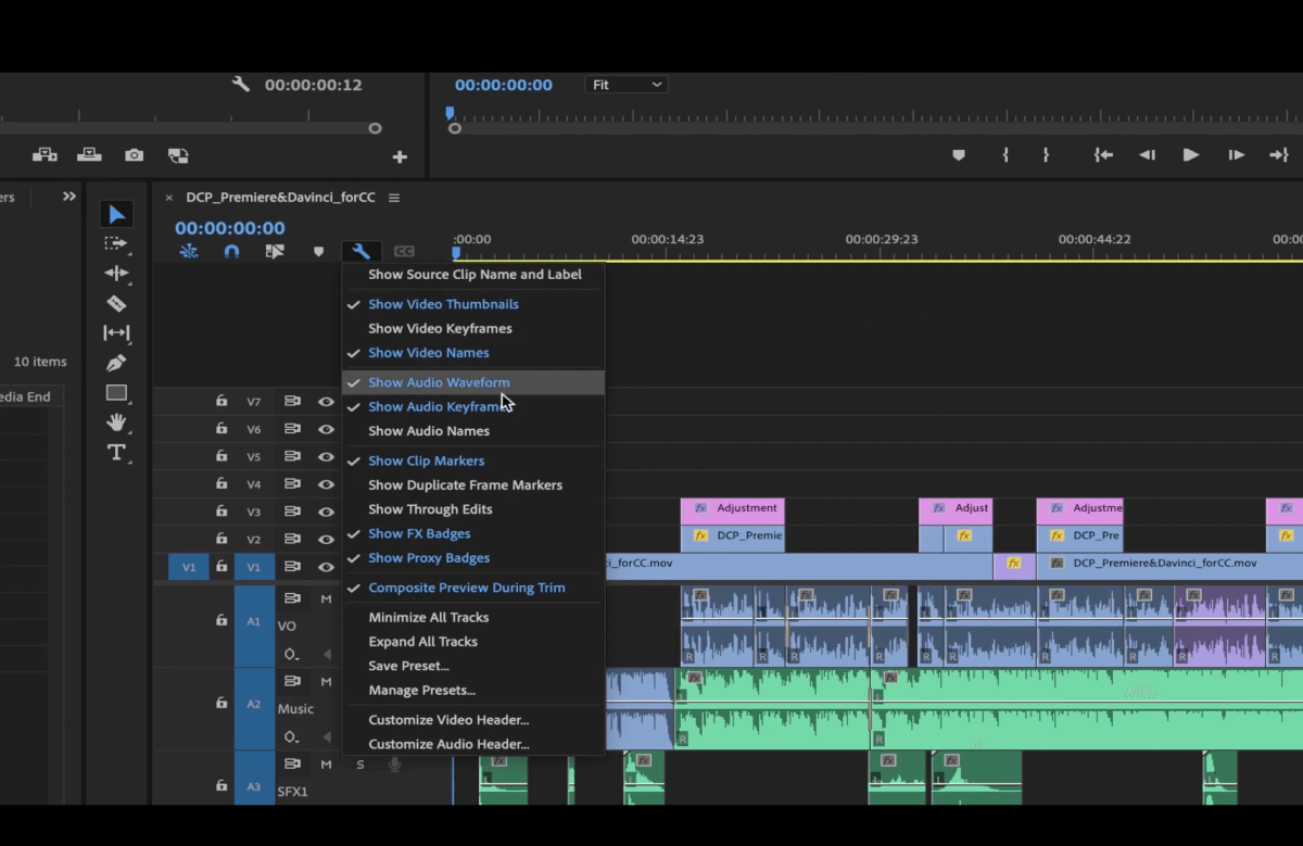 ajustes de visualización de la línea de tiempo de premiere pro