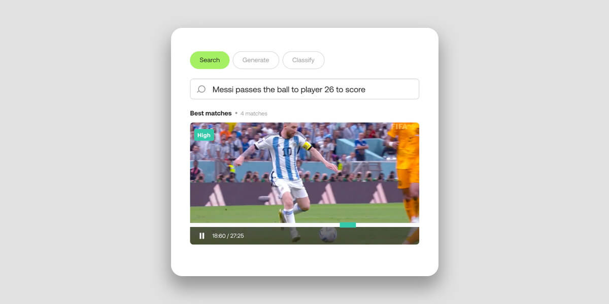un modelo de comprensión de vídeo reconoce a Messi pasando un balón a un jugador seleccionado