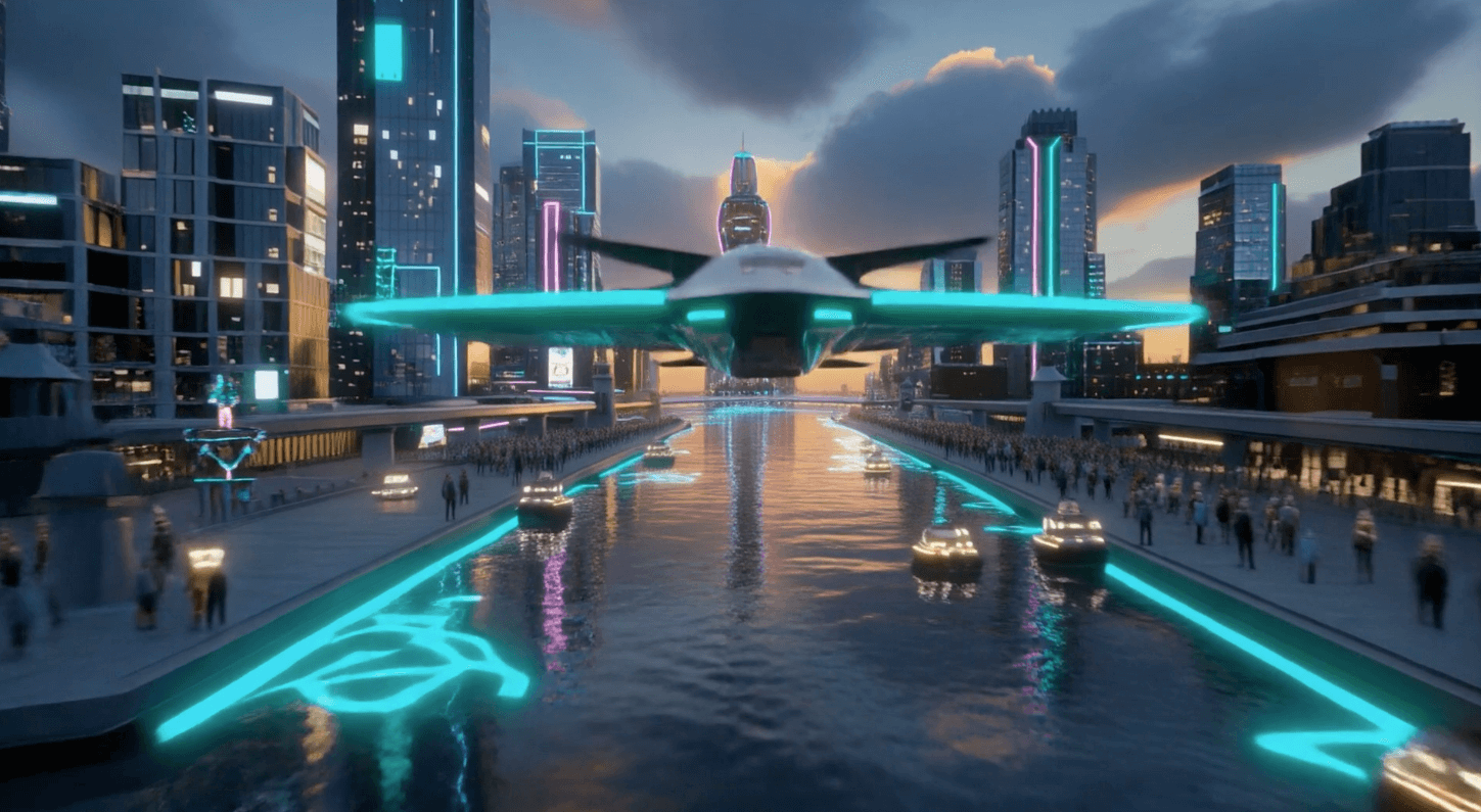 Concepto de generador de vídeo AI Adobe Firefly que muestra una ciudad futurista y un vehículo volador. Comparación de herramientas de vídeo de IA.