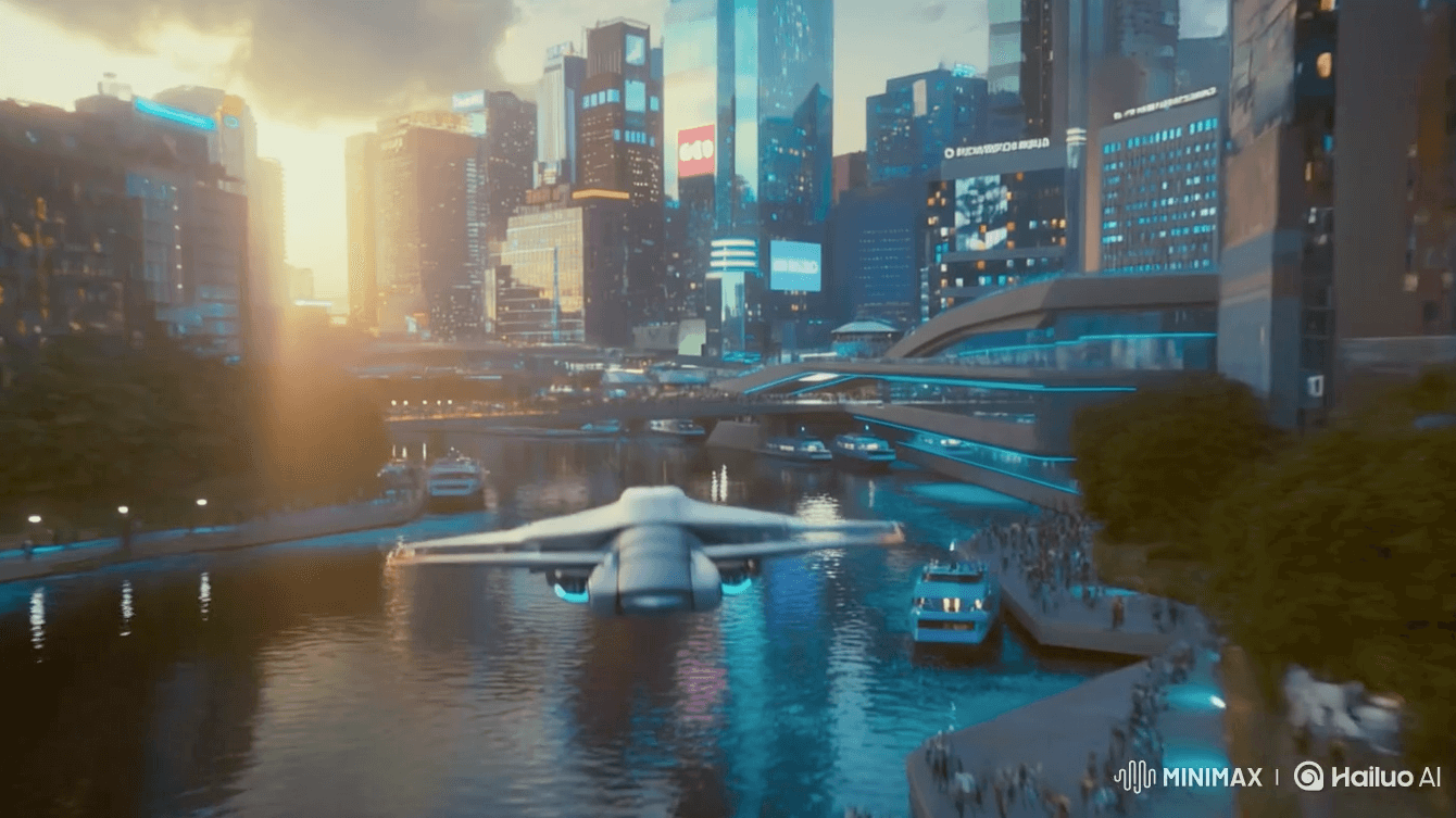 Hailou Generador de vídeo AI ciudad futurista con vehículo volador sobre el agua, parte de la comparativa de las mejores herramientas de vídeo AI.