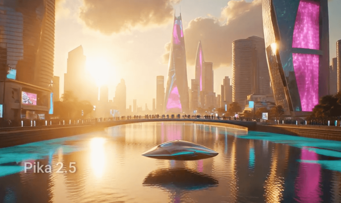 Generador de vídeo de IA Pika 2.5 mostrando una ciudad futurista. Comparación de las mejores herramientas de vídeo de IA para 2026.