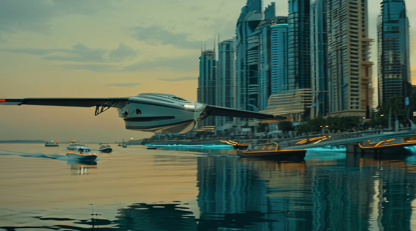 Generador de vídeo AI Ray-3-HDR: Una nave futurista se eleva sobre el agua cerca del horizonte de una ciudad. Vídeo AI 2026.