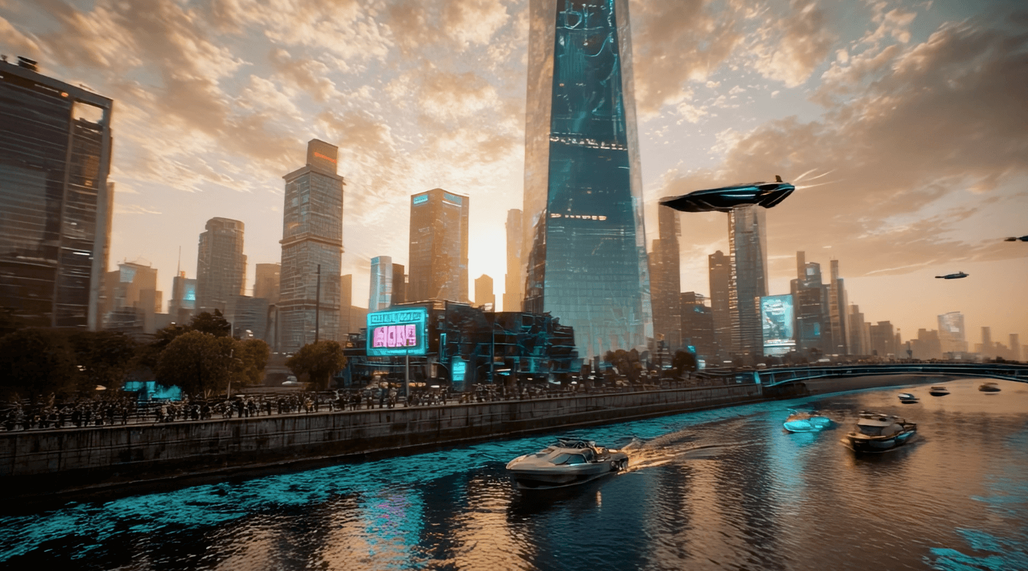 AI Video Generator ciudad futurista: rascacielos, vehículos voladores, río con barcos. Ray-3.png visual para comparar las herramientas de IA de 2026.