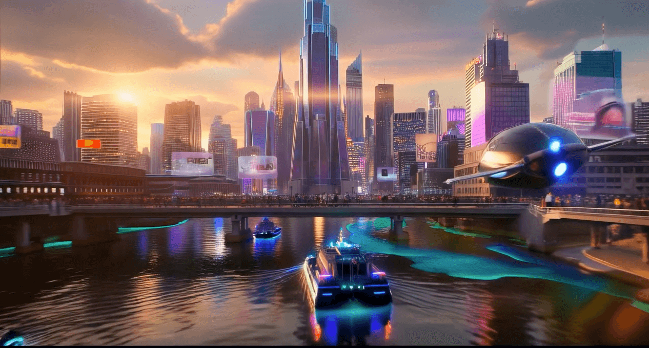 Generador de vídeo de IA de pista: Horizonte futurista de una ciudad con vehículos voladores y tráfico fluvial, mostrando el potencial creativo de la IA.