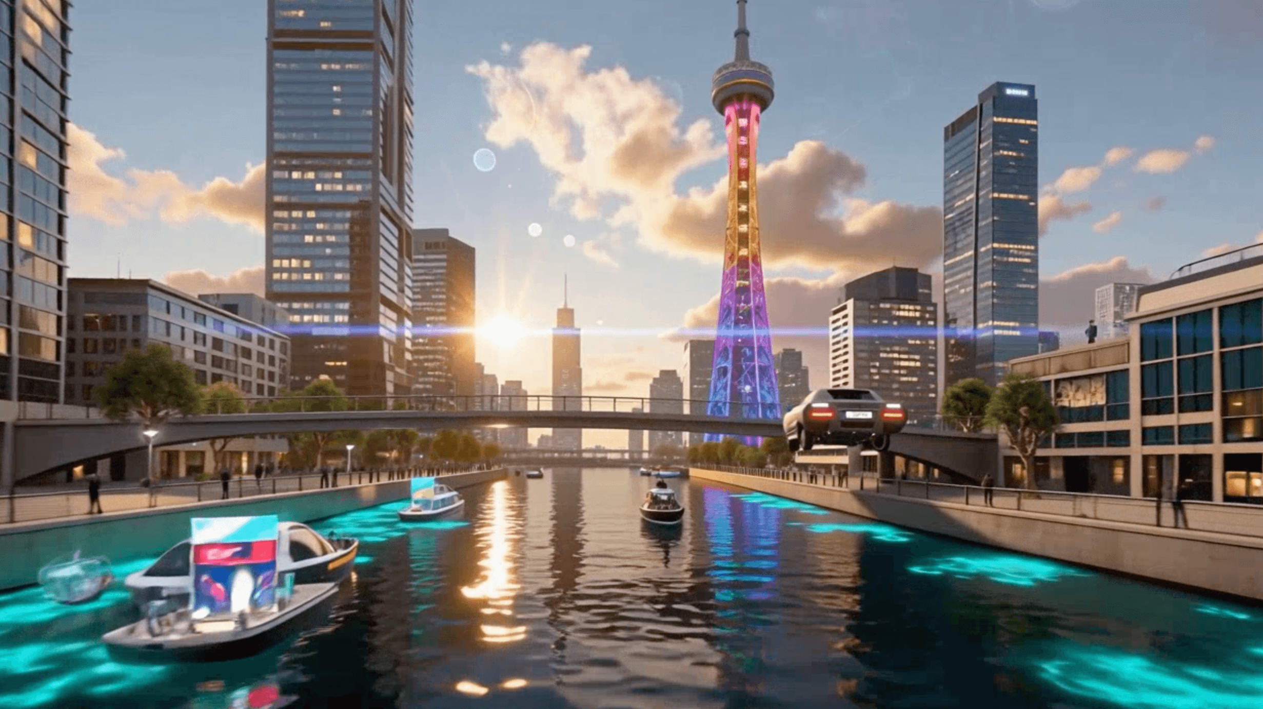 Concepto de generador de vídeo Seedance AI: ciudad futurista, río brillante, coche volador y barcos con anuncios. Tecnología de IA 2026.