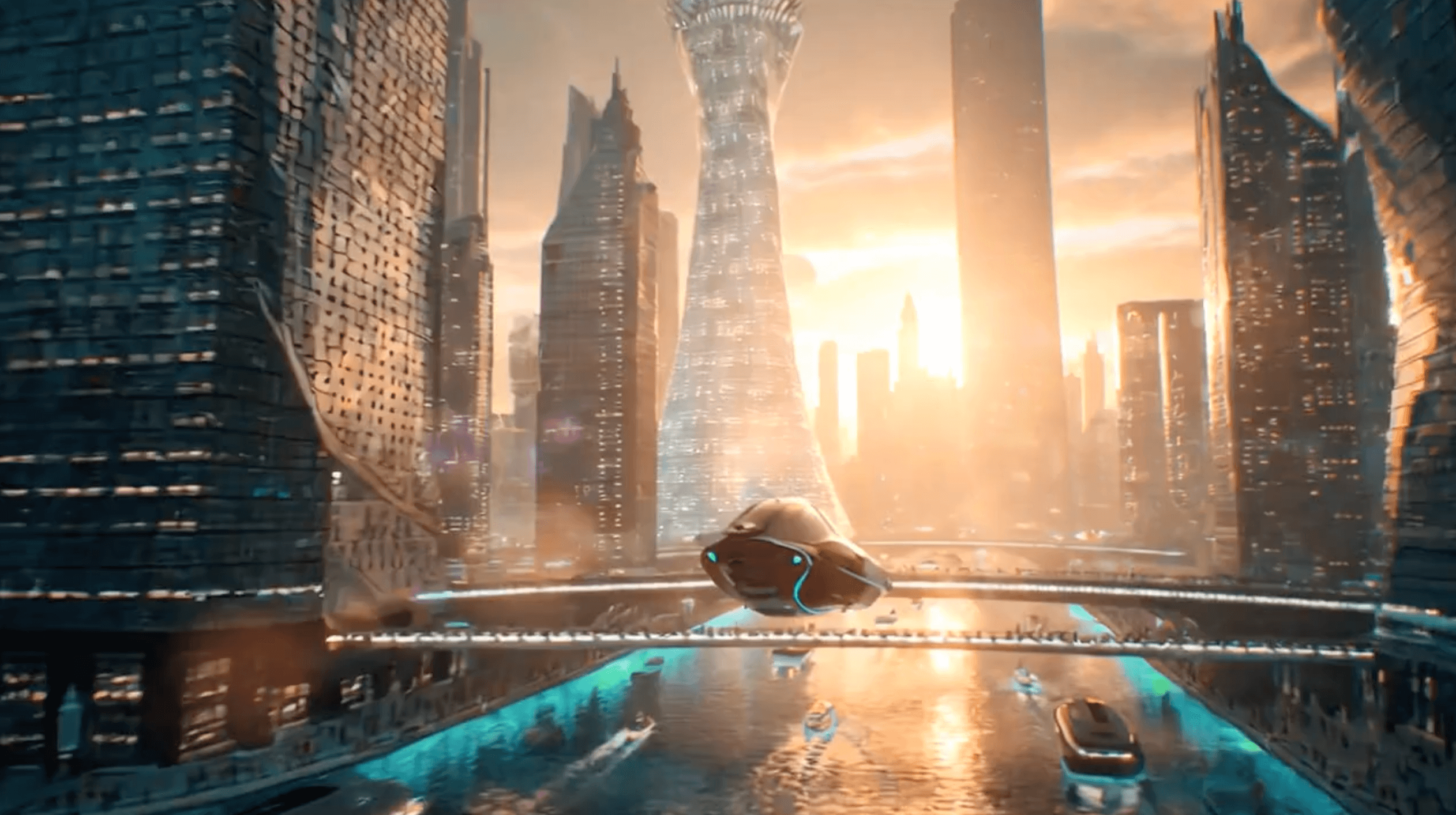 Veo-3: Ciudad futurista con vehículo volador, río y edificios modernos. Concepto de generador de vídeo AI.