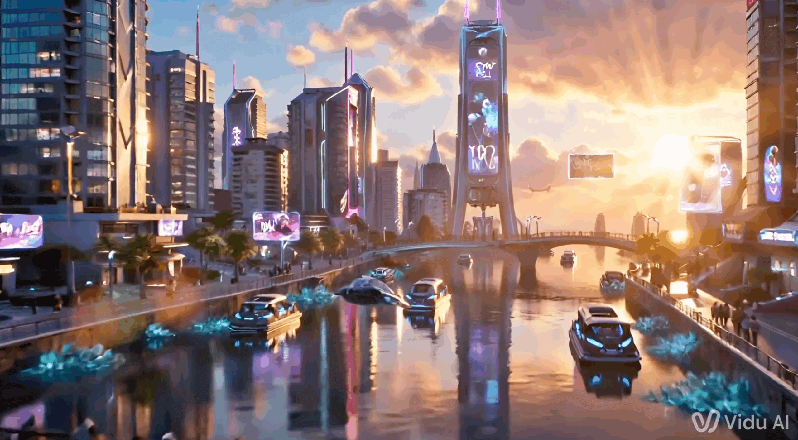 Vidu AI vista futurista de la ciudad, barcos eléctricos en el río, concepto de generador de vídeo AI.