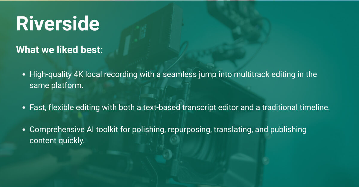 Caractéristiques de l'éditeur vidéo Riverside AI : Enregistrement 4K, montage flexible, boîte à outils AI complète. #AIVideoEditor