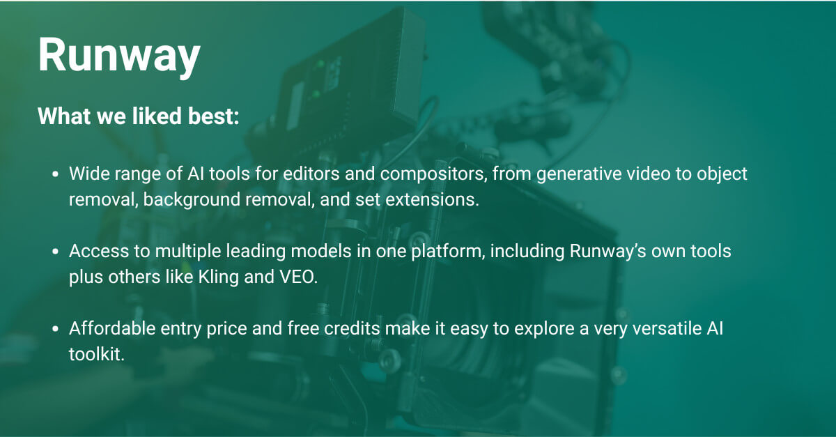 Runway AI video editor : large gamme d'outils d'intelligence artificielle, prix d'entrée abordable et accès à de nombreux modèles de premier plan.