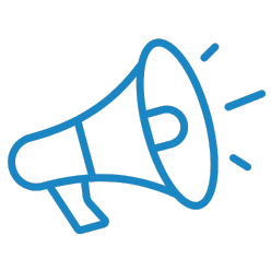 Blue line art of a megaphone, symbol for marketing agencies and announcements.