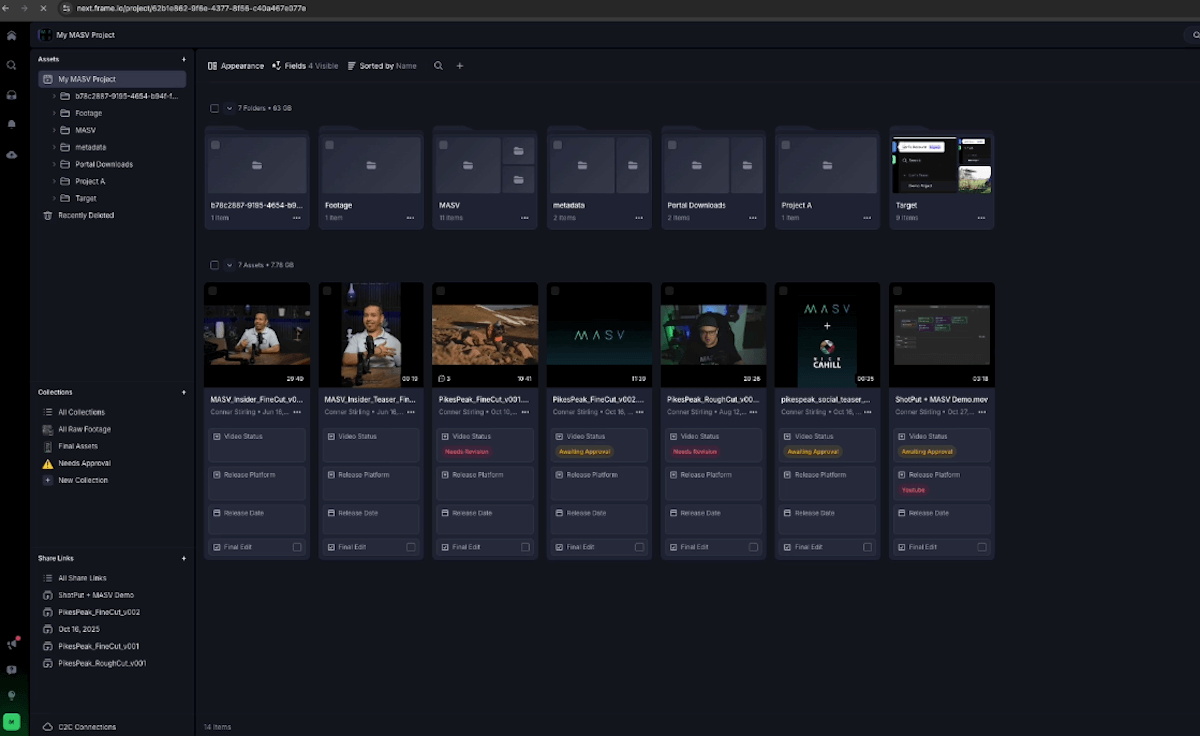 Mise à jour du produit MASV : routage dynamique des paquets, accès S3, et plus encore. Aperçu visuel de l'interface MASV dans Frame-v4.