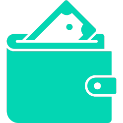 Teal wallet icon with money; relentless reliability in finances.