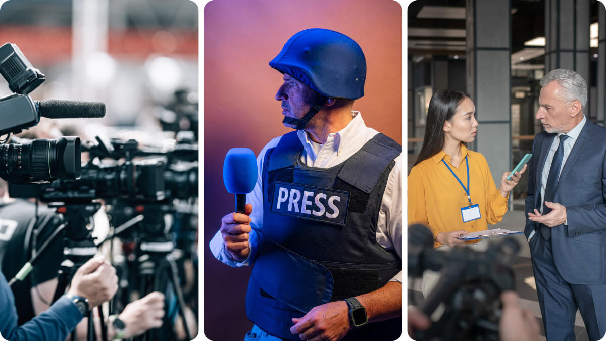 Miniatura de una organización de noticias con prensa, reporteros y entrevistas.